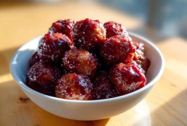 A white bowl overflowing with glossy, saucy grape jelly meatballs, sitting on a wooden surface.