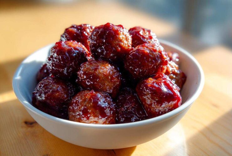 A white bowl overflowing with glossy, saucy grape jelly meatballs, sitting on a wooden surface.