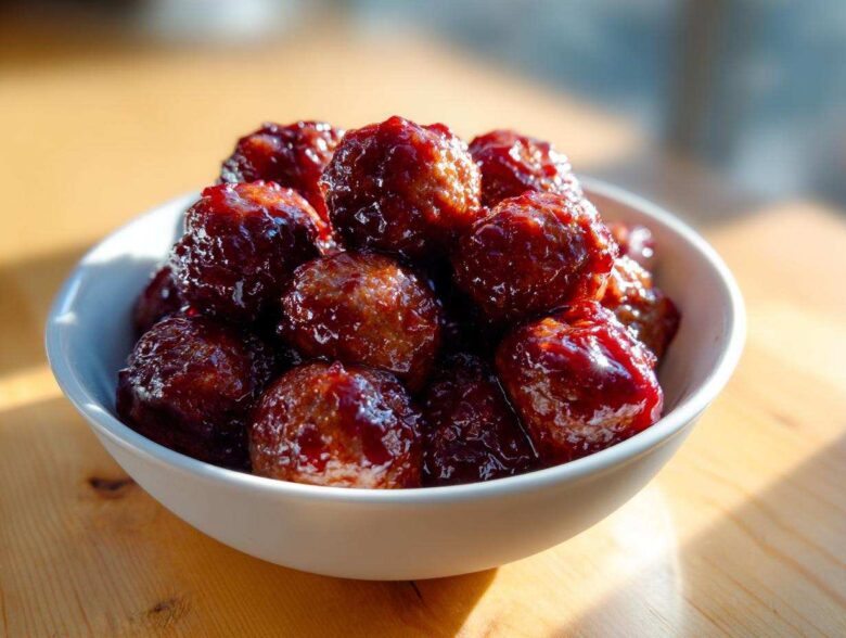 A white bowl overflowing with glossy, saucy grape jelly meatballs, sitting on a wooden surface.