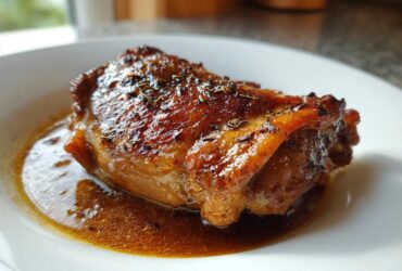 Close-up of a single, glistening braised chicken thigh with crispy skin and herbs, resting in rich brown sauce.