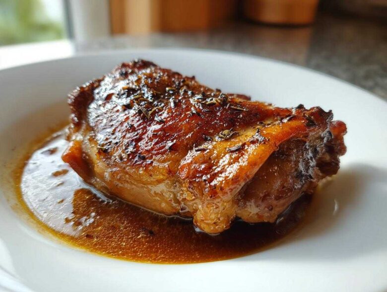 Close-up of a single, glistening braised chicken thigh with crispy skin and herbs, resting in rich brown sauce.