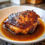Close-up of a single, perfectly seared braised chicken thigh resting in a pool of rich brown sauce in a white bowl.