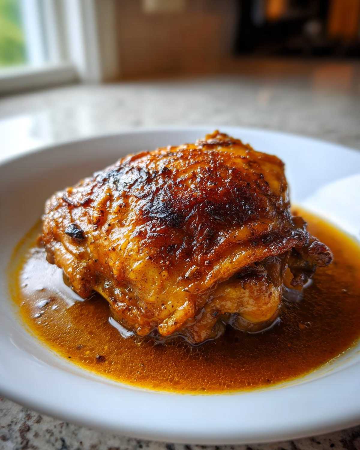 A close-up of a single, richly colored braised chicken thigh sitting in its savory sauce on a white plate.