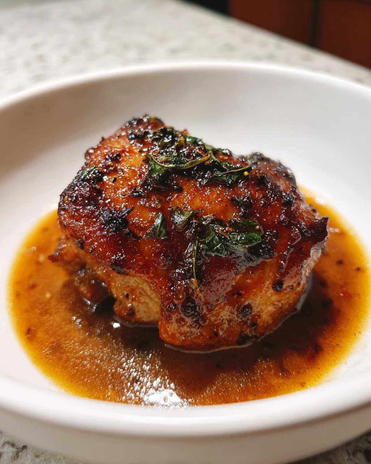 Close-up of a single, richly glazed braised chicken thigh resting in a pool of savory brown sauce.