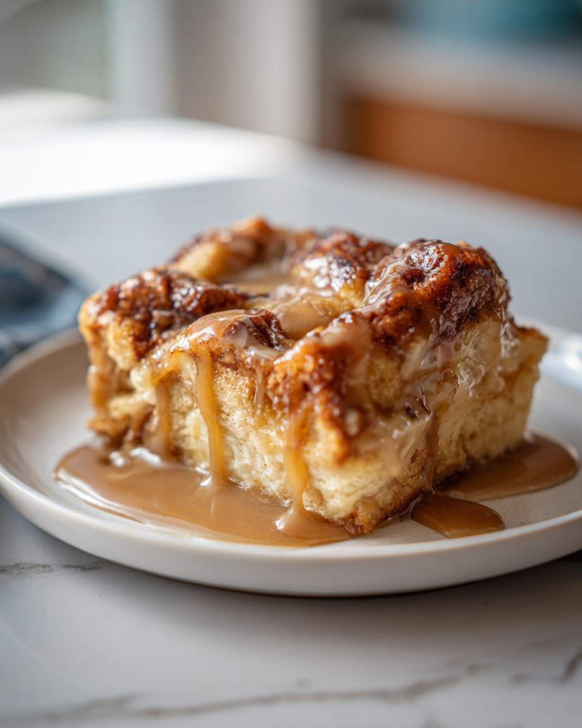 A close-up of a square slice of rich bread pudding topped with thick caramel sauce dripping down the sides.