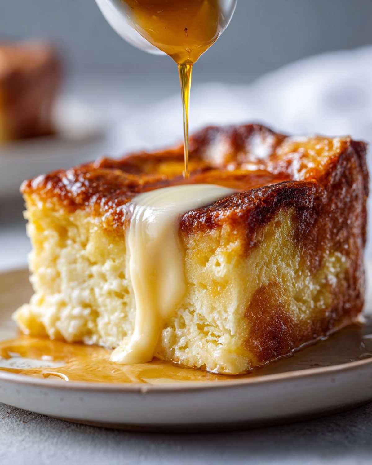 A close-up of a square slice of golden brown bread pudding being drizzled with vanilla cream sauce and syrup.