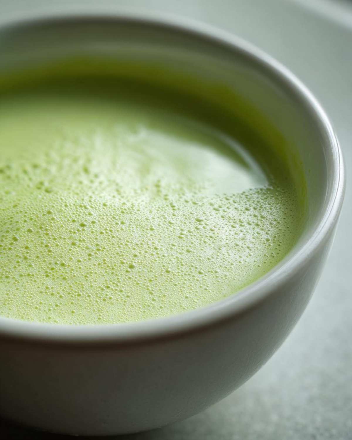 Close-up of bright green, frothy celery soup served in a white bowl.