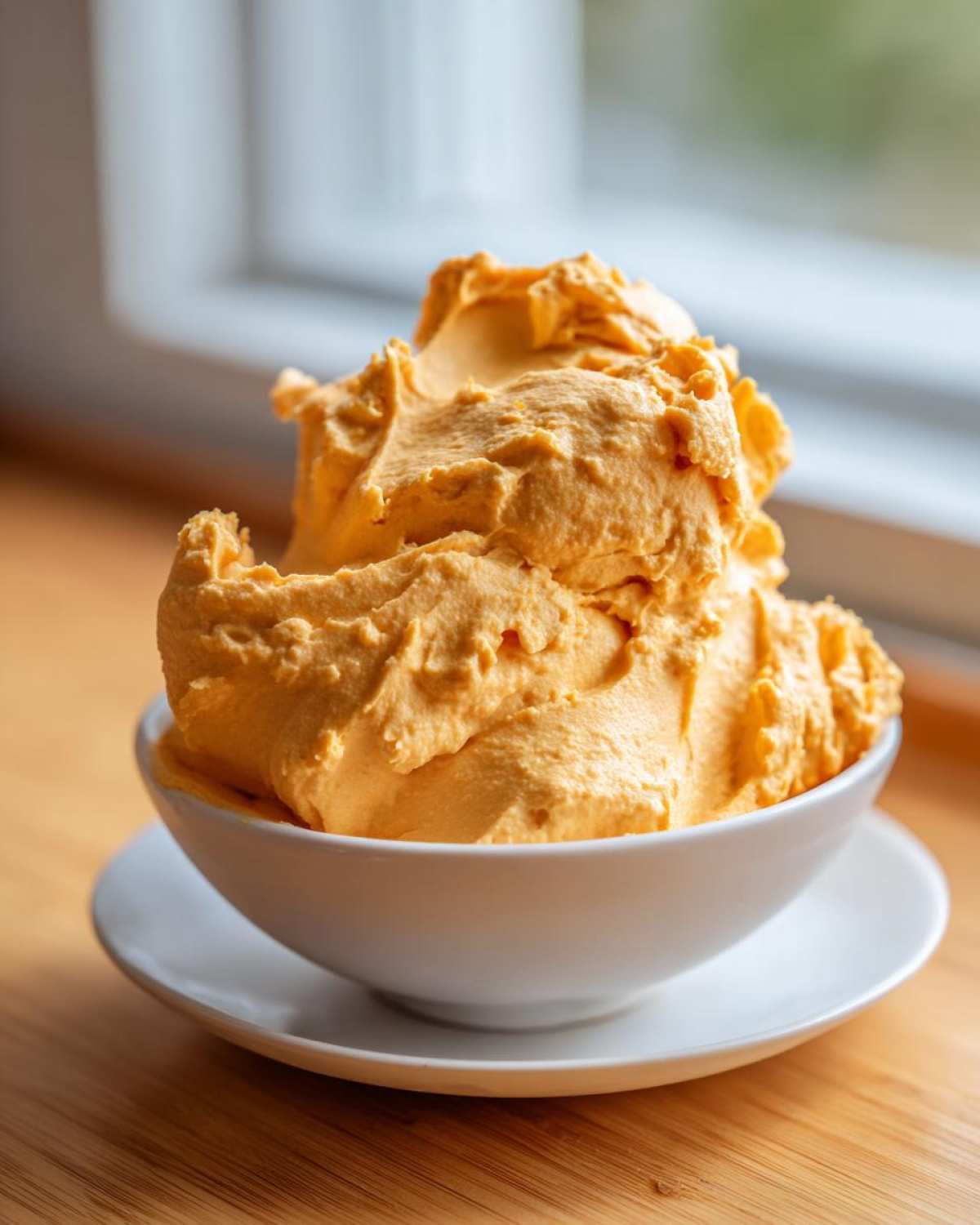 A close-up of light orange pumpkin fluff dessert piled high in a small white bowl.
