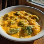 A close-up of creamy, cheesy broccoli cheddar soup served in a white bowl, highlighted by natural light.