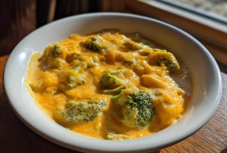 A close-up of creamy, cheesy broccoli cheddar soup served in a white bowl, highlighted by natural light.