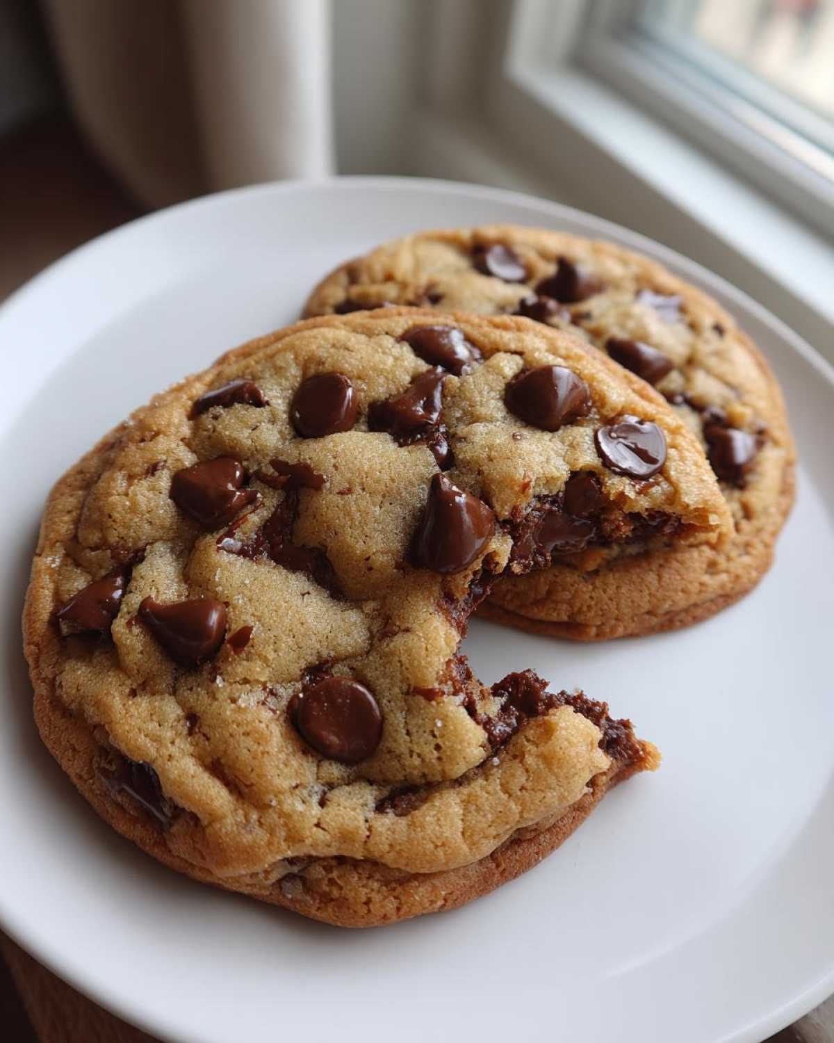 Two gooey, thick chocolate chip cookies on a white plate, one with a bite taken out showing melted chocolate.