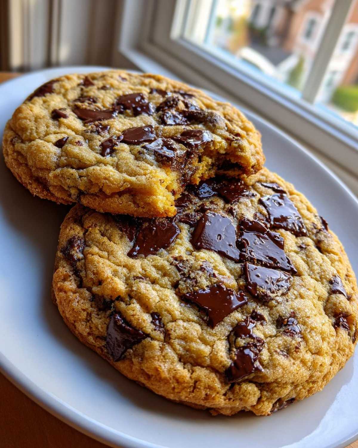 Two thick, golden brown chocolate chip cookies stacked, one with a bite taken out showing gooey melted chocolate.