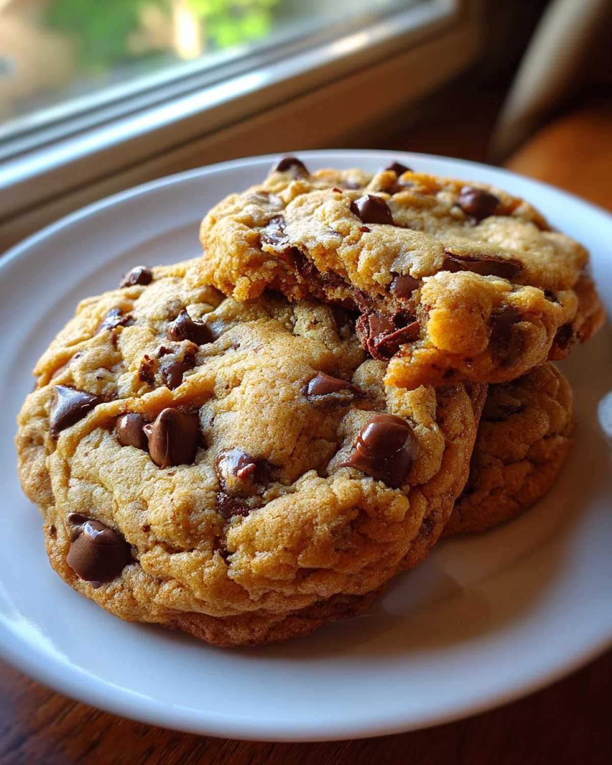 Close-up of three thick, gooey chocolate chip cookies stacked on a white plate near a window.