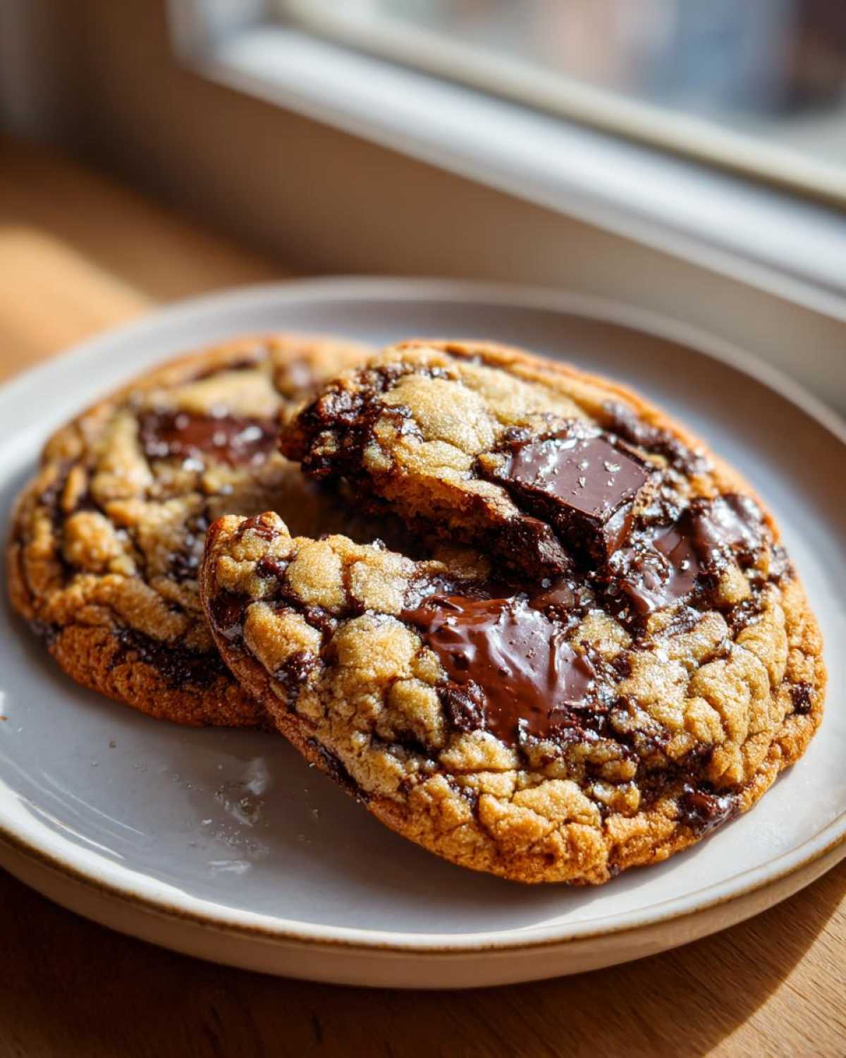 Two rich, golden brown chocolate chip cookies, one broken open to show melted chocolate, sprinkled with sea salt.