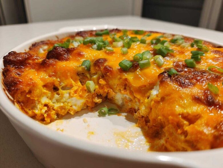 Close-up of a creamy, bubbling Buffalo chicken dip topped with melted orange cheese and green onions.