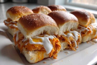 A close-up of several baked buffalo chicken sliders filled with shredded chicken, melted cheese, and drizzled with ranch dressing.