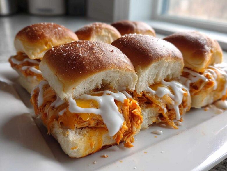 A close-up of several baked buffalo chicken sliders filled with shredded chicken, melted cheese, and drizzled with ranch dressing.