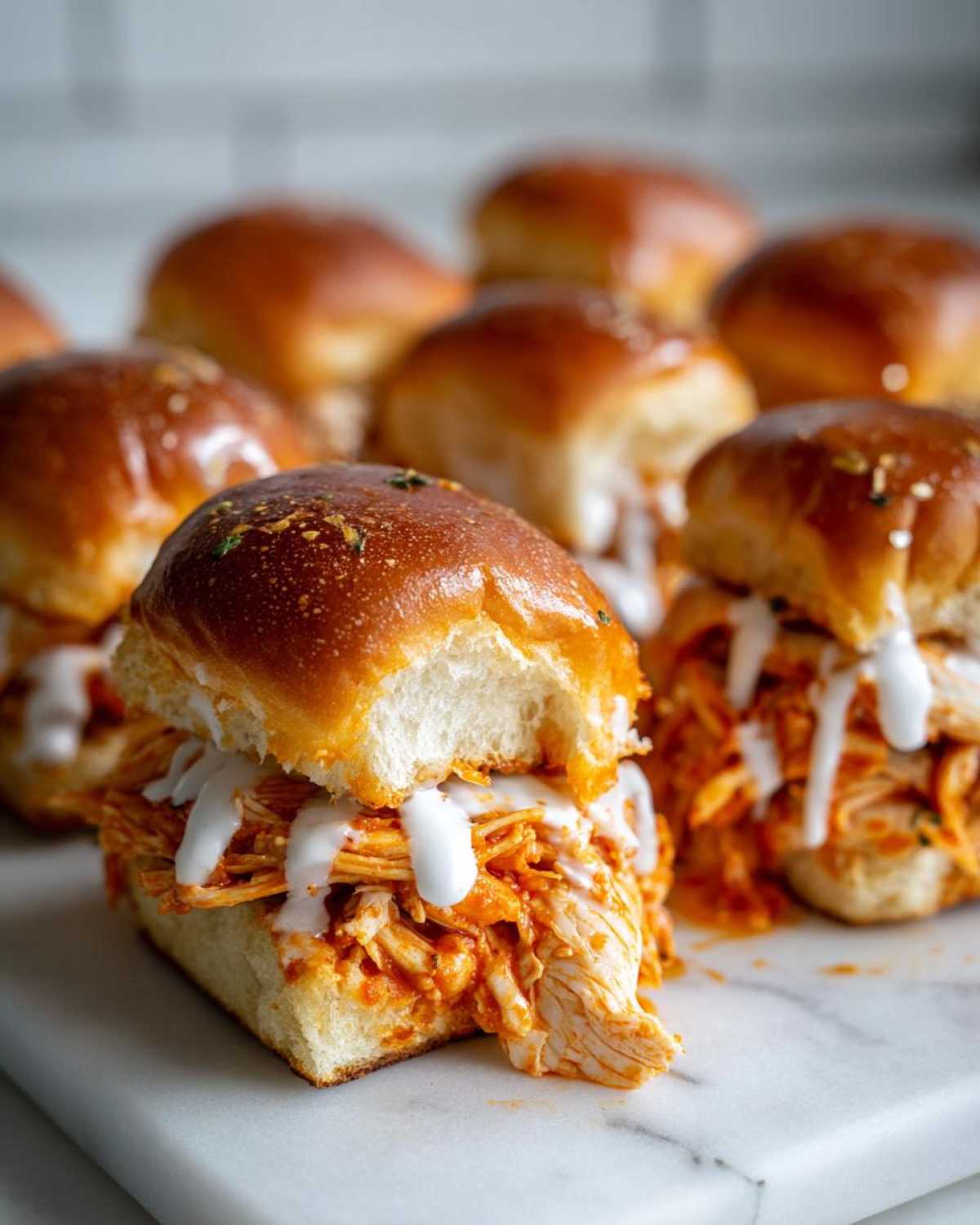 A close-up of one of the buffalo chicken sliders, showing shredded chicken, ranch drizzle, and a glossy bun.
