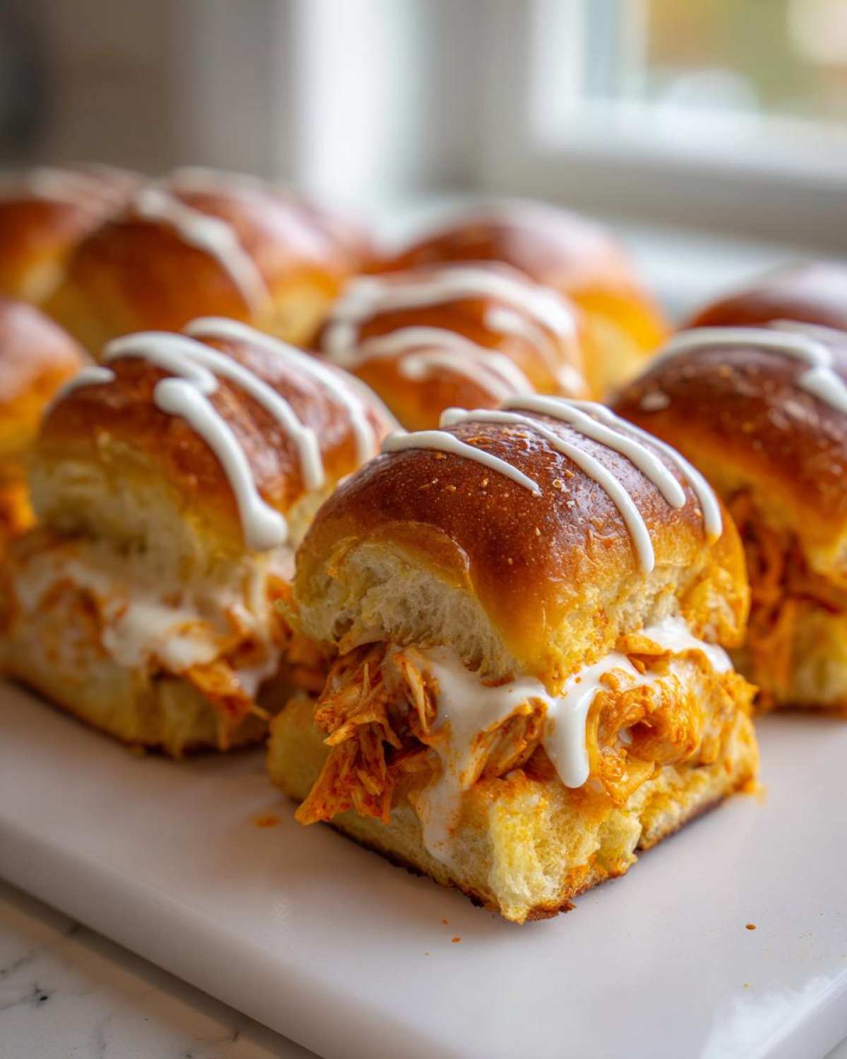 Close-up of baked buffalo chicken sliders filled with shredded orange chicken and topped with a white sauce drizzle.