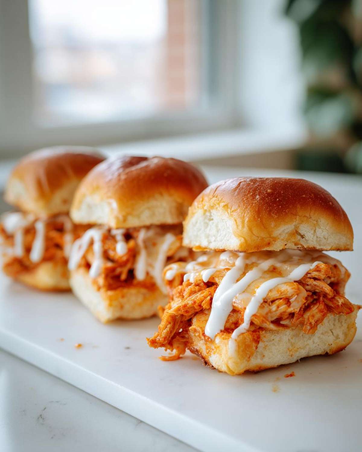 Close-up of three buffalo chicken sliders piled high with shredded orange chicken and drizzled with white ranch or blue cheese sauce.