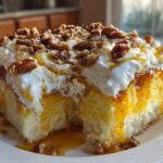 A moist slice of butter pecan praline poke cake topped with whipped cream, caramel sauce, and chopped pecans.