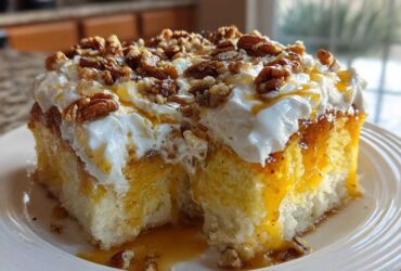 A moist slice of butter pecan praline poke cake topped with whipped cream, caramel sauce, and chopped pecans.