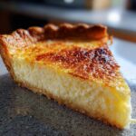 Close-up of a rich slice of buttermilk pie showing a creamy interior and a deeply caramelized, golden-brown top crust.