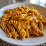A close-up of fusilli pasta coated in a thick, creamy butternut squash pasta sauce served on a white plate.