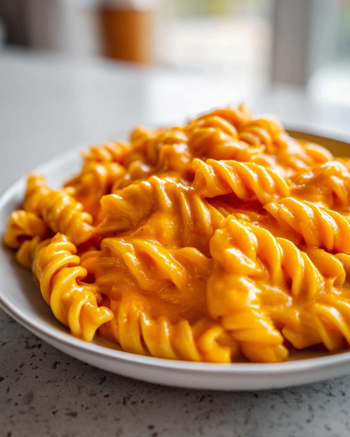 Close-up of fusilli pasta coated in a thick, vibrant orange butternut squash pasta sauce.