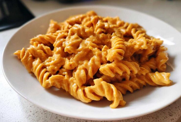 A close-up of fusilli pasta generously coated in a rich, orange butternut squash pasta sauce on a white plate.