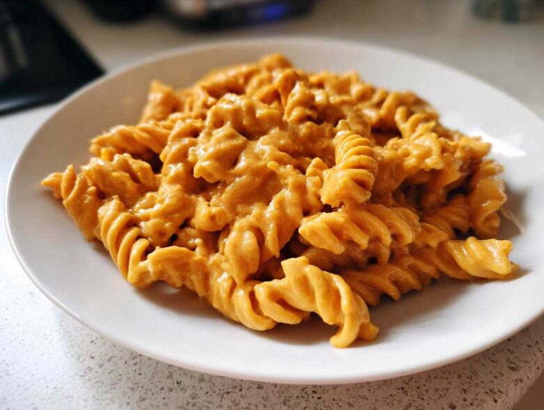 A close-up of fusilli pasta generously coated in a rich, orange butternut squash pasta sauce on a white plate.