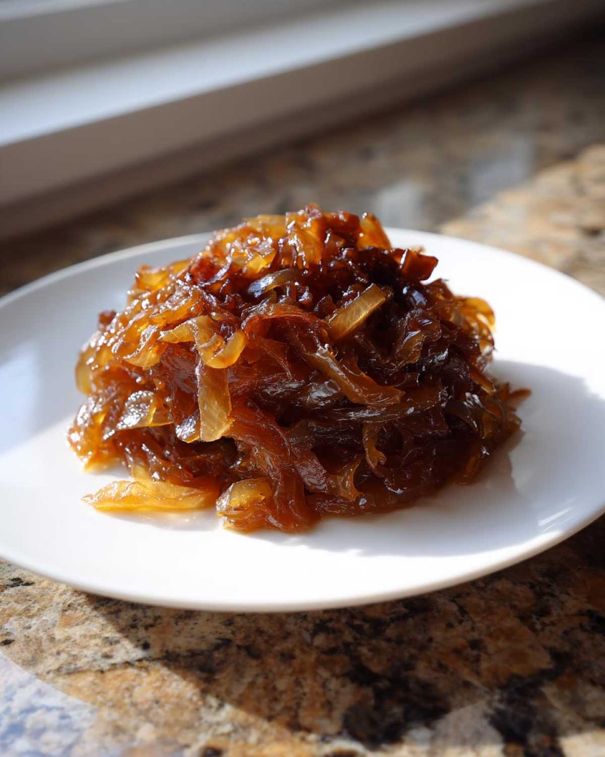 A mound of rich, dark brown caramelized onions served on a small white plate, highlighting the sweet texture.