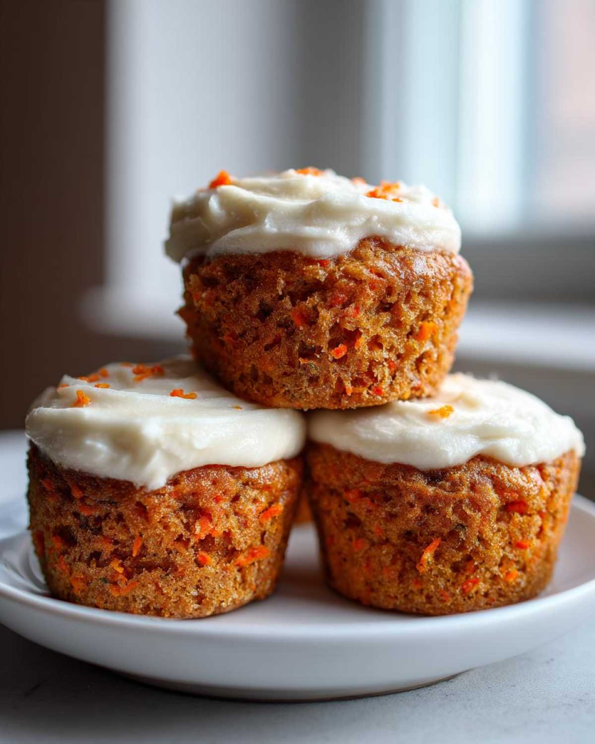 Three delicious carrot cake muffins stacked on a white plate, topped with thick cream cheese frosting.