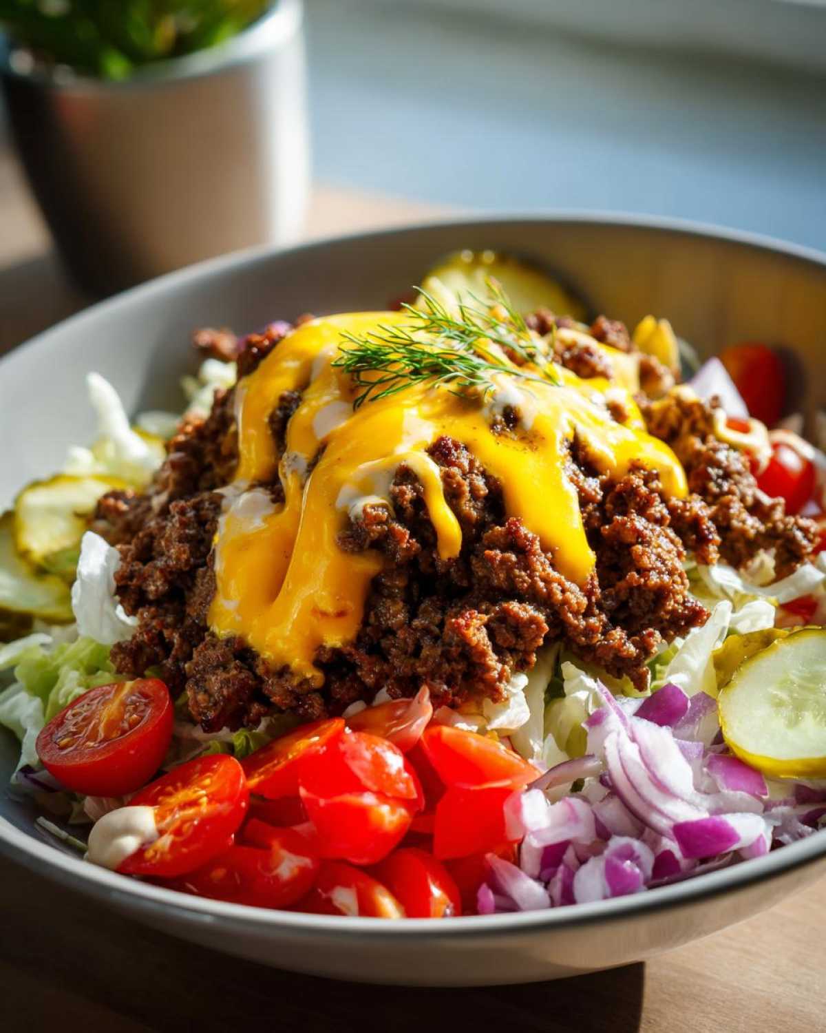 A close-up of a vibrant cheeseburger bowl featuring seasoned ground beef, melted cheese sauce, lettuce, tomatoes, onions, and pickles.