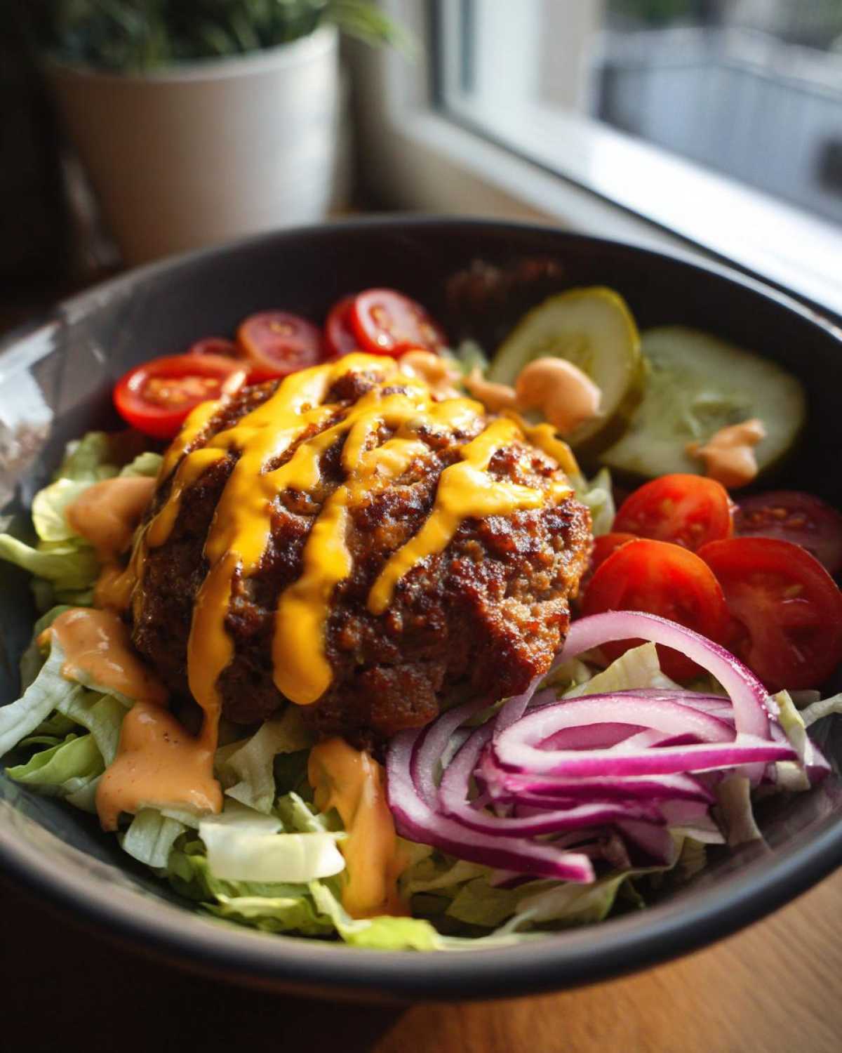 A close-up of a hearty cheeseburger bowl featuring a seasoned patty drizzled with cheese sauce over lettuce, tomatoes, red onion, and pickles.