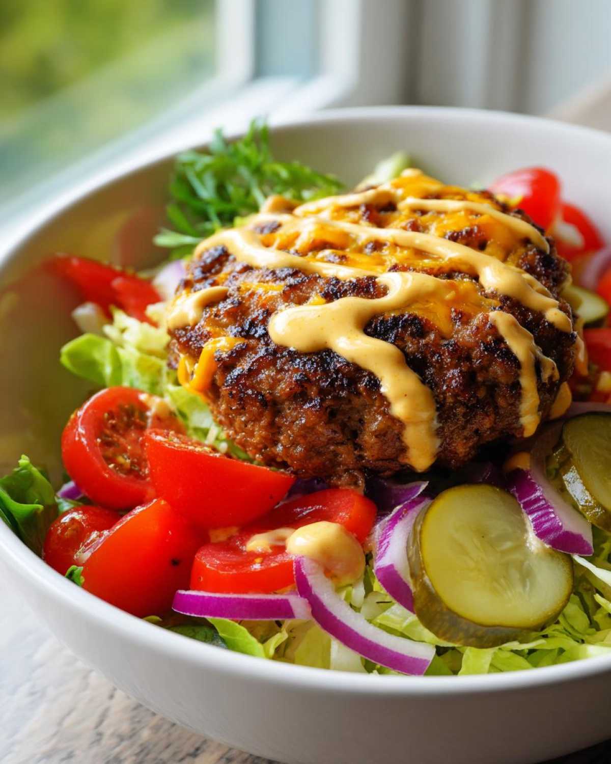 A close-up of a hearty cheeseburger bowl featuring a seasoned beef patty topped with melted cheese and special sauce over lettuce, tomatoes, onions, and pickles.