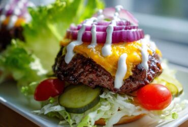 Close-up of a juicy patty topped with melted cheese, red onion, and white sauce, served over lettuce for a cheeseburger bowl.