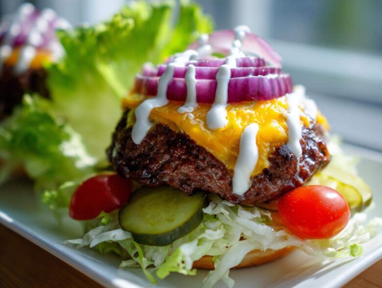 Close-up of a juicy patty topped with melted cheese, red onion, and white sauce, served over lettuce for a cheeseburger bowl.
