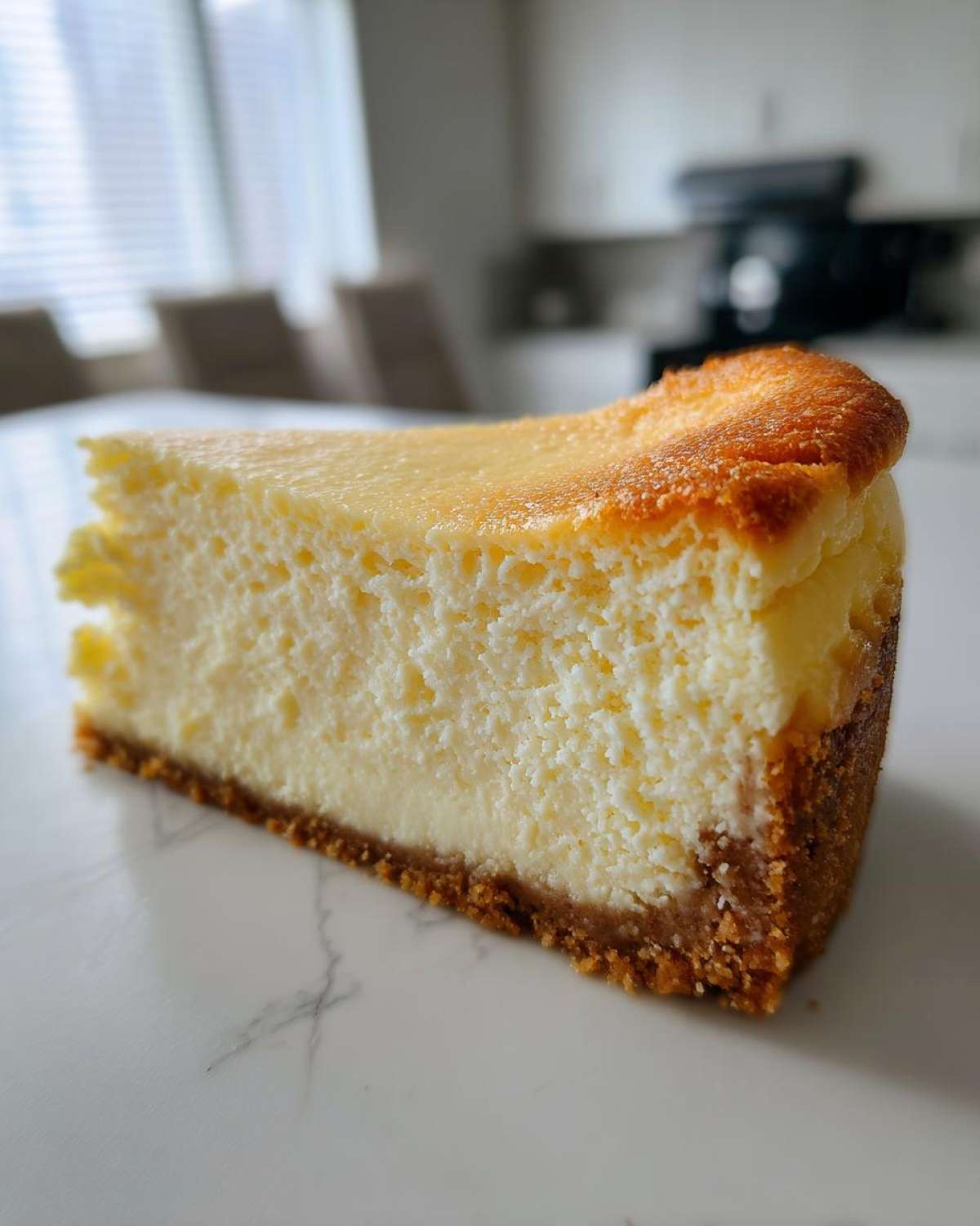 Close-up of a thick slice of creamy cheesecake recipe with a graham cracker crust and lightly browned top.