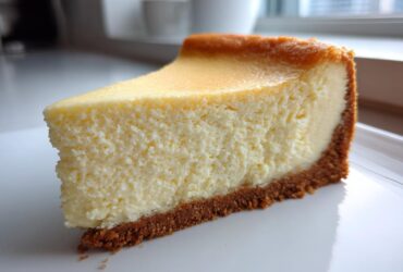 A close-up of a thick, creamy slice of baked cheesecake with a golden-brown top and graham cracker crust, ready for this cheesecake recipe.