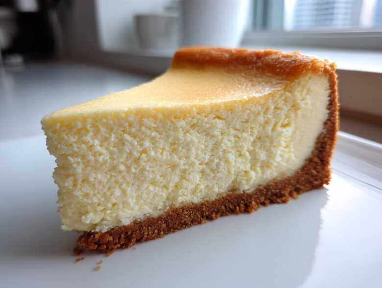 A close-up of a thick, creamy slice of baked cheesecake with a golden-brown top and graham cracker crust, ready for this cheesecake recipe.