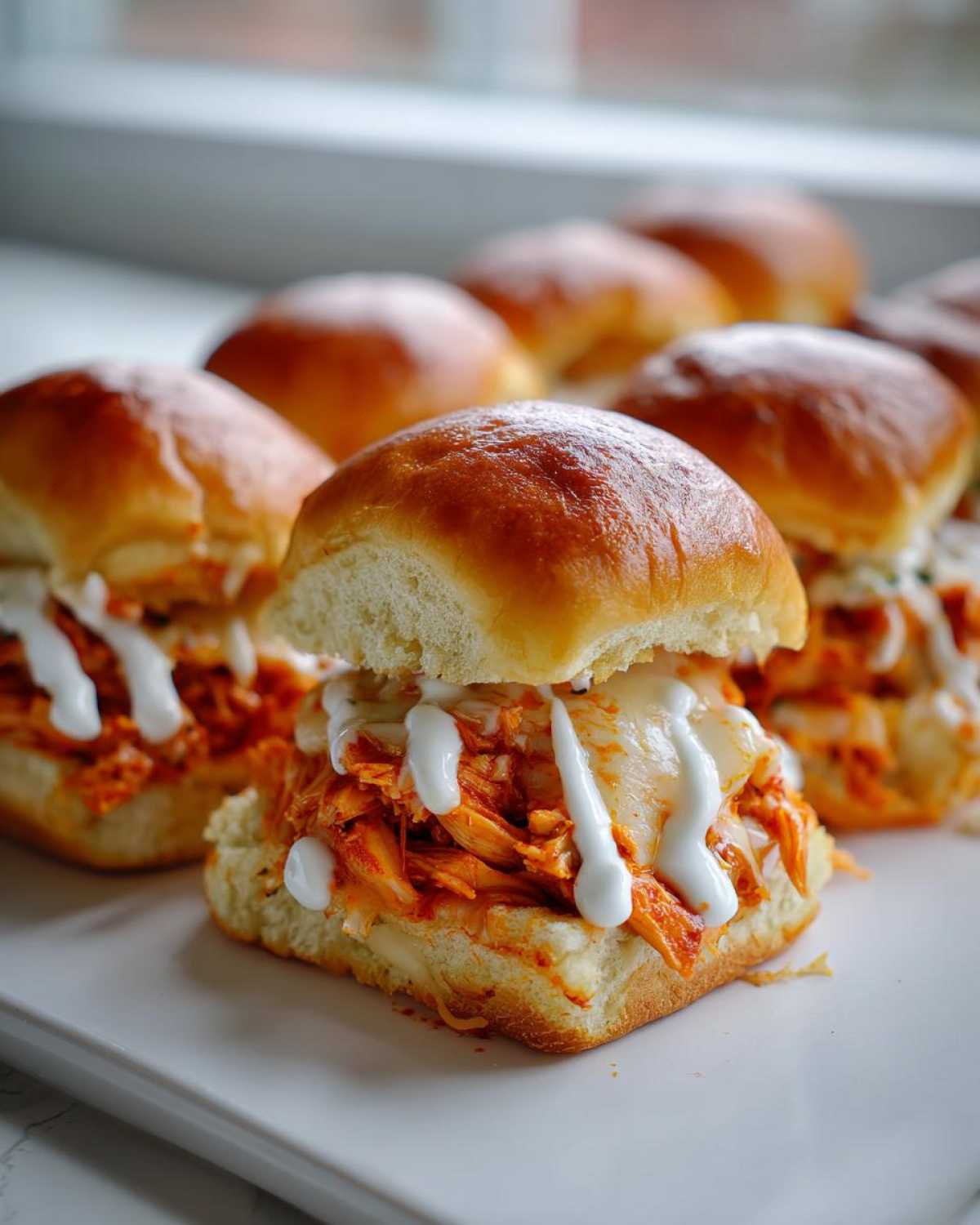 Close-up of several delicious buffalo chicken sliders featuring shredded spicy chicken, melted cheese, and a white ranch drizzle on soft rolls.