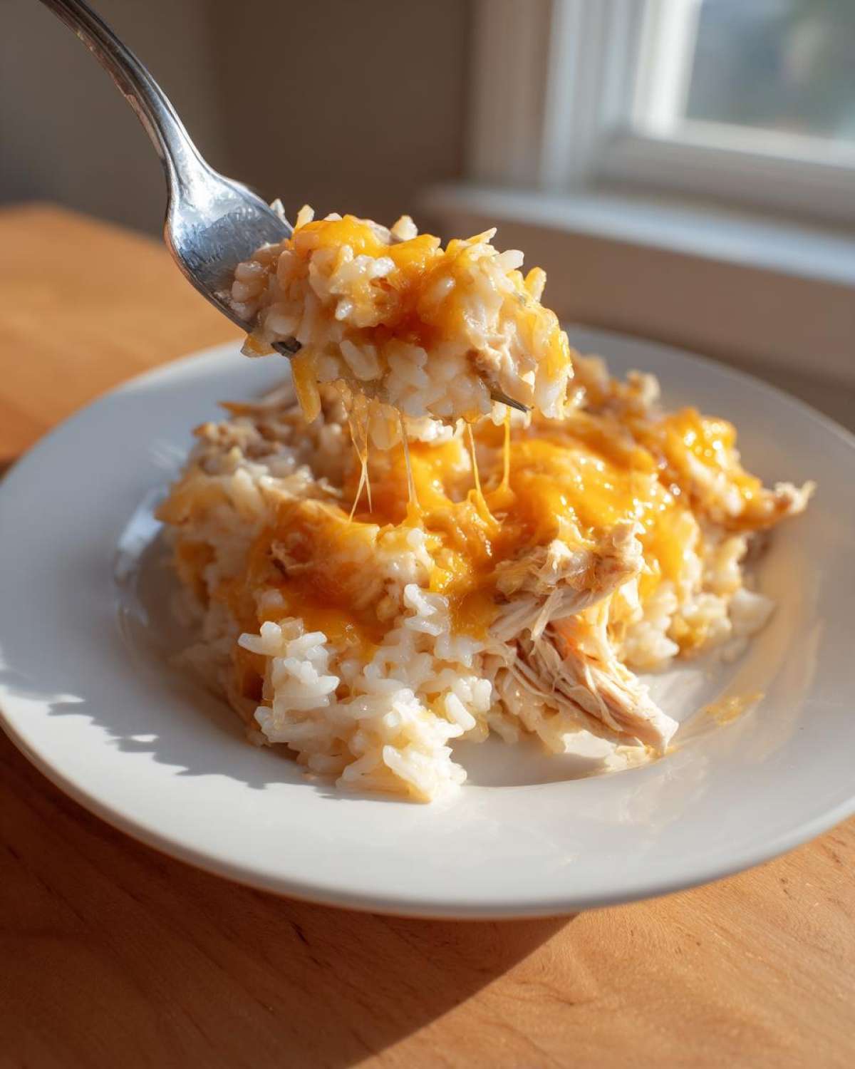 A fork lifting a bite of cheesy chicken and rice casserole, showing melted cheese strings.
