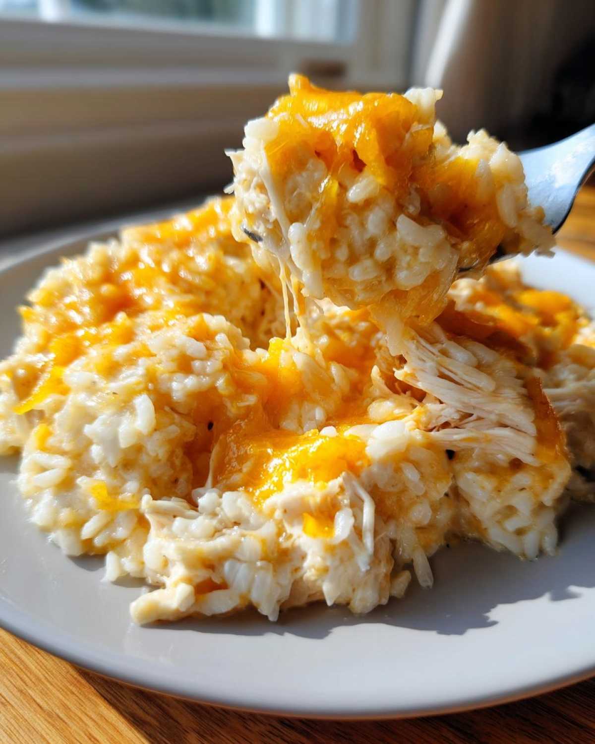 A fork lifting a bite of creamy, cheesy chicken and rice, showing melted cheddar cheese strings.