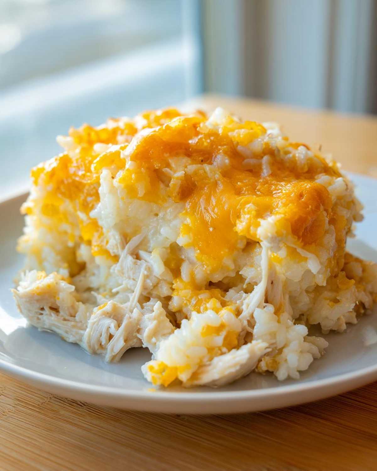 A close-up serving of cheesy chicken and rice casserole topped with melted cheddar cheese.