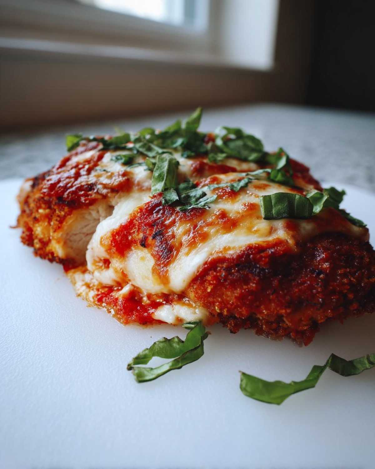 A close-up view of a breaded chicken parmesan recipe cut open, topped with melted mozzarella and marinara sauce, garnished with fresh basil.
