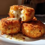 Close-up of three golden-brown fried rice balls stacked, with one broken open revealing a gooey, cheesy center.