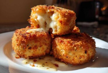 Close-up of three golden-brown fried rice balls stacked, with one broken open revealing a gooey, cheesy center.