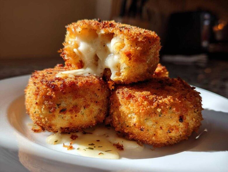 Close-up of three golden-brown fried rice balls stacked, with one broken open revealing a gooey, cheesy center.