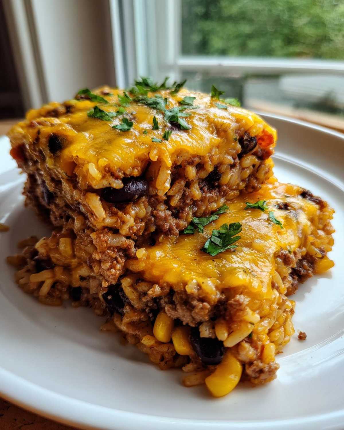Two stacked servings of cheesy mexican rice casserole topped with melted cheddar and fresh parsley.